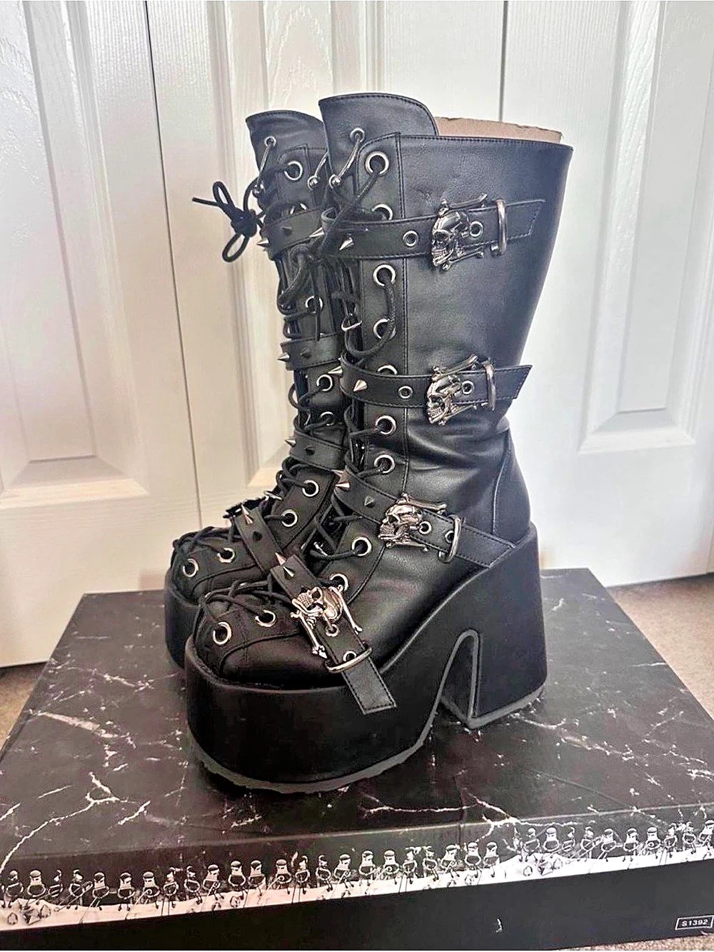 Women’s Demonia Cammie-115 Platform Combat Boots in Black With skulls & spikes